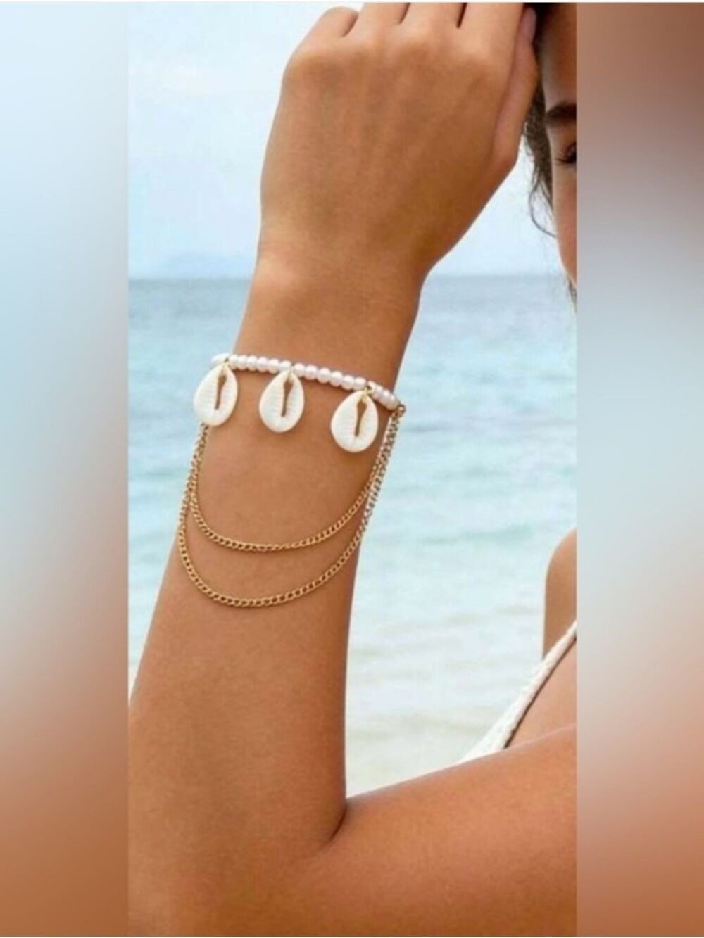 Sexy Gold Chain With Beaded Shell Bracelet And Arm Chain Trending Jewelry Piece - Picture 2 of 4